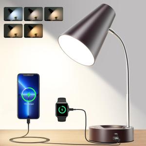 RUNTOP Metal Desk Lamp, Desk Lamps for Home Office College Dorm Room Eye-Caring Reading, Gooseneck Desk Lamp with USB Port, 5 Brightness Levels, 5 Color Temperature, Flexible Study Desk Light,Brown