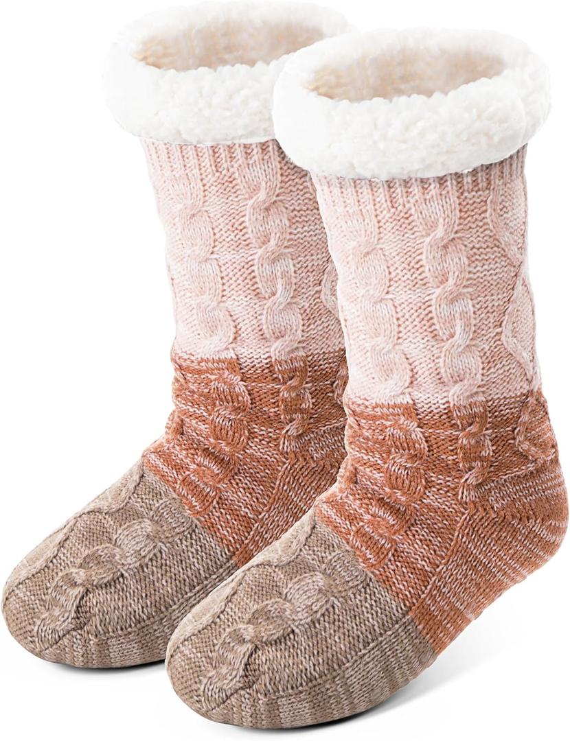 Anlisim Women Slipper Socks Non Slip Fuzzy Fluffy Thick Warm Cabin Cozy Comfy Soft Fleece Home Grips Socks (One Size, Gradient Khaki)