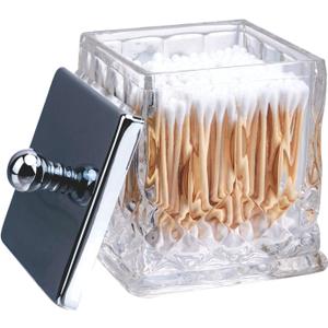 Qtip Holder,15Oz Clear Glass Apothecary Jars with Silver Lids for Bathroom Organization & Desk Storage,Thick Glass Apothecary Jars for Q-Tips,Cotton Rounds,Jewelry,Candy,Square