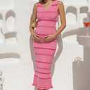 OUGES Maternity Sleeveless Sweater Striped Beach Dresses for Baby Shower Photoshoot Summer Spring V-Neck Viscose Holiday Vacation Dress Pregnancy Must Haves Clothes(Pink Plum Red Stripes,M)