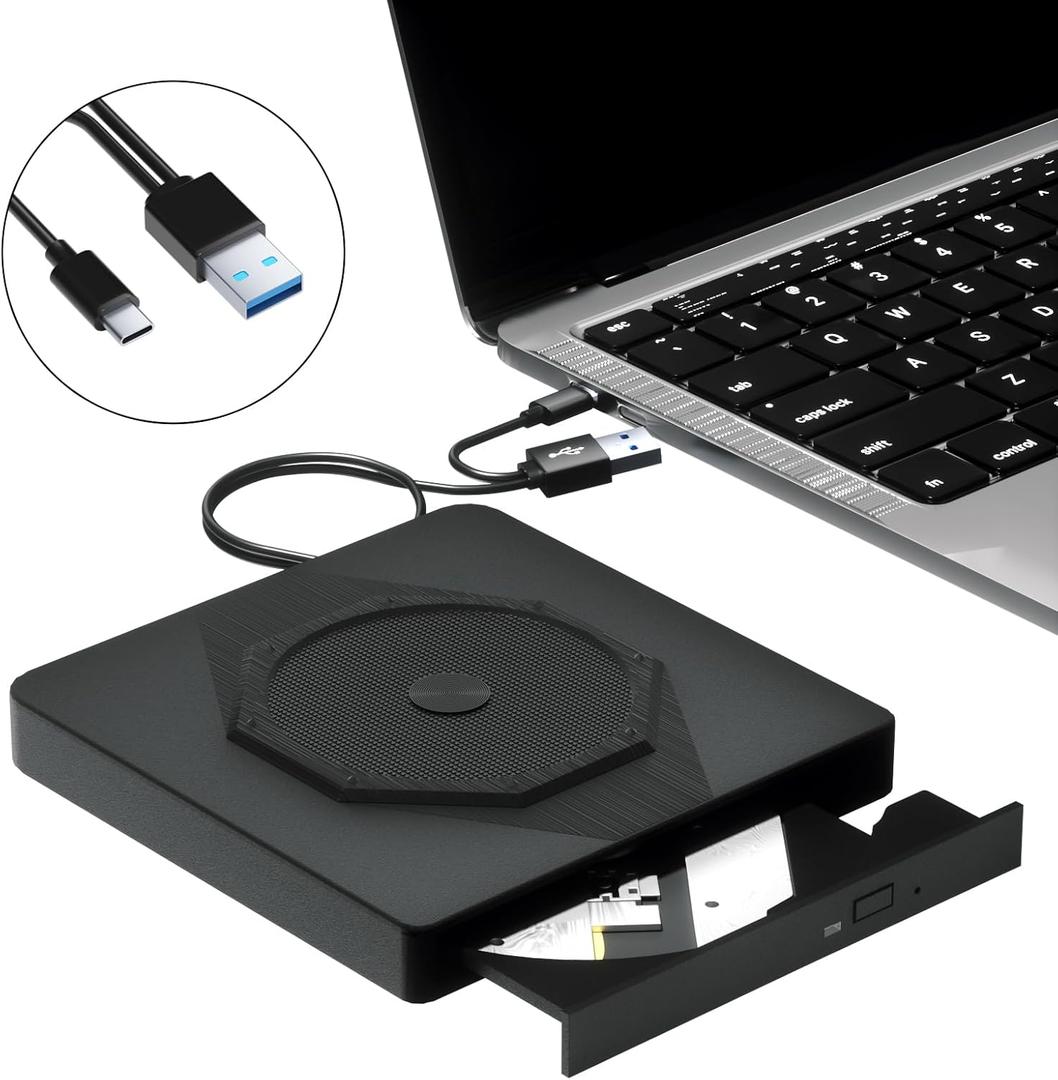 External CD/DVD Drive for Laptop, USB 3.0 & Type-C Portable CD DVD Burner, CD ROM +/-RW External DVD CD Drive, DVD Player for Laptop Compatible with Desktop, PC, Windows, Linux, Mac OS, Apple