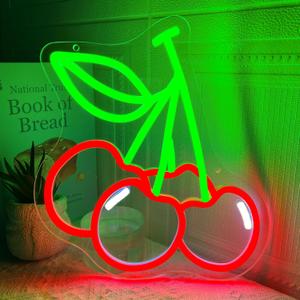 Cherry Neon Sign Cute Red Green Cherries LED Neon Light for Wall Decor Dimmable USB Fruit Light Up Sign for Boys Girls Room Restaurant Birthday Party bar Fruits Shop Decorations