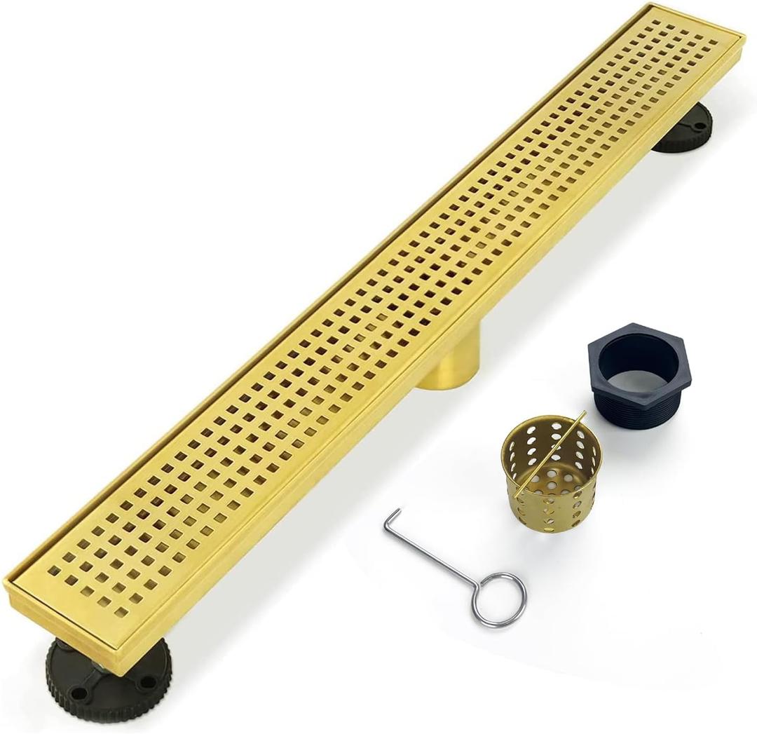 Linear Shower Drain, 32 inch Gold Drain with Removable Grate Cover, Brushed 304 Stainless Steel Shower Floor Drain, Linear Drain with Hair Strainer and Adjustable Feet