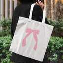 Coquette Pink Bow Canvas Tote Bag Aesthetic, Bow Beach Tote Bag, Trendy Gifts for Women 2025, Teen Girl Gifts Trendy Stuff, Shopping Bags