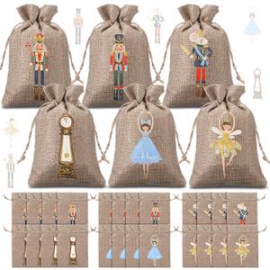 Kinlop 24 Pieces Christmas Nutcracker Burlap Gift Bags with Drawstrings 6 Designs Christmas Holiday Goody Treat Bags Linen Wrapping Candy Pouches Jewelry Pouches for Xmas New Year Party Favors