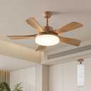 46 Inch Wood Ceiling Fan with Remote, Solid Wood 5 Blade Ceiling Fan with Light, Burlywood Rustic Flush Mount for Patios, Living Room, Dining Room, Bedroom, Farmhouse