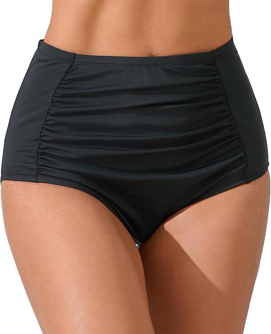 JOYBIK Womens High Waisted Full Ruched Bikini Swim Bottoms Tummy Control Full Coverage Swimsuit Bottoms (Large, Grey (Ruched Front))