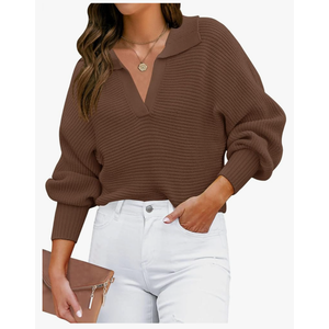 ZESICA Women's Fall Lapel Collar V Neck Long Sleeve Ribbed Knit Comfy Loose Casual Pullover Sweater Jumper Top, XL