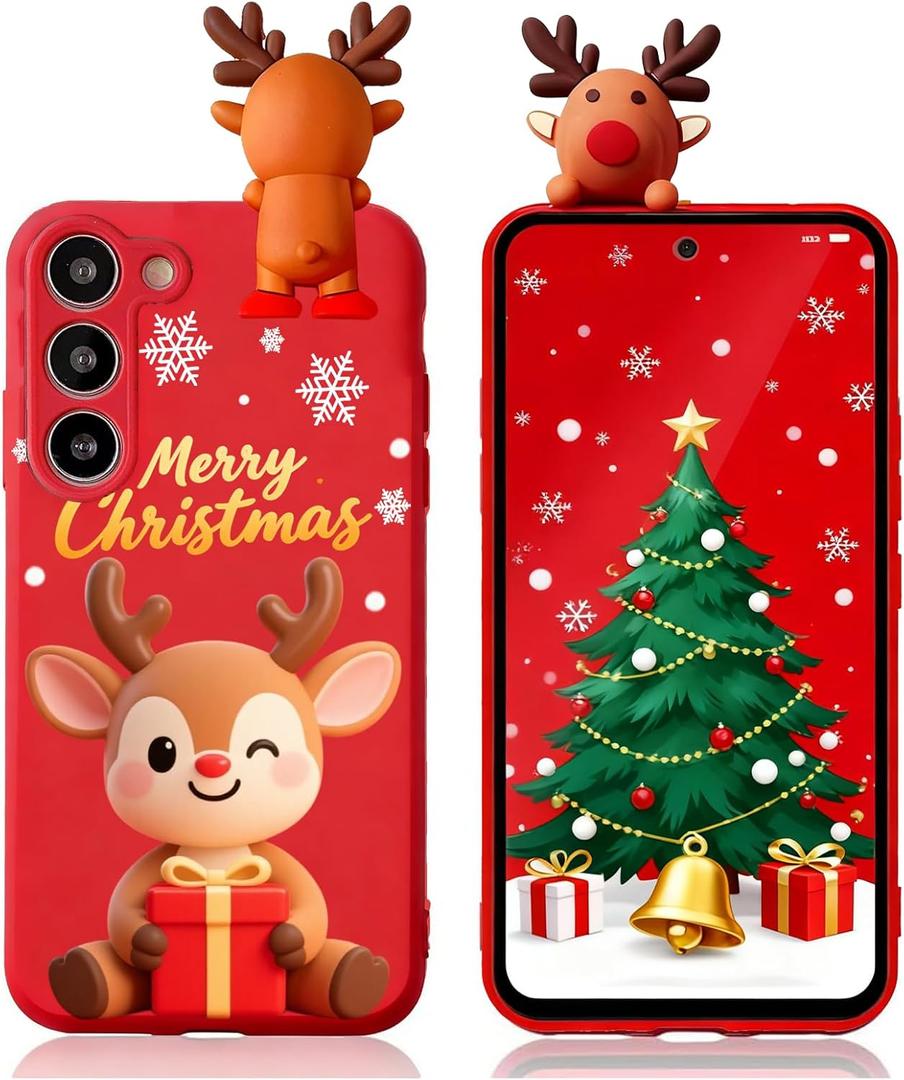 Christmas Case for Samsung Galaxy S23 5G 6.1'', Silicone Red Cover with Lovely 3D Deer Doll Patterns Design Shockproof Soft Cartoon Cute Xmas Present Skin Cases for Woman Girls, Elk
