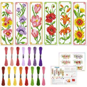 ORIGACH 6 Set Flowers Cross Stitch Bookmark Kit for Beginner with Backing Felt Floss Instructions DIY Stamped Embroidery Bookmark Kit for Adults, Book Lovers