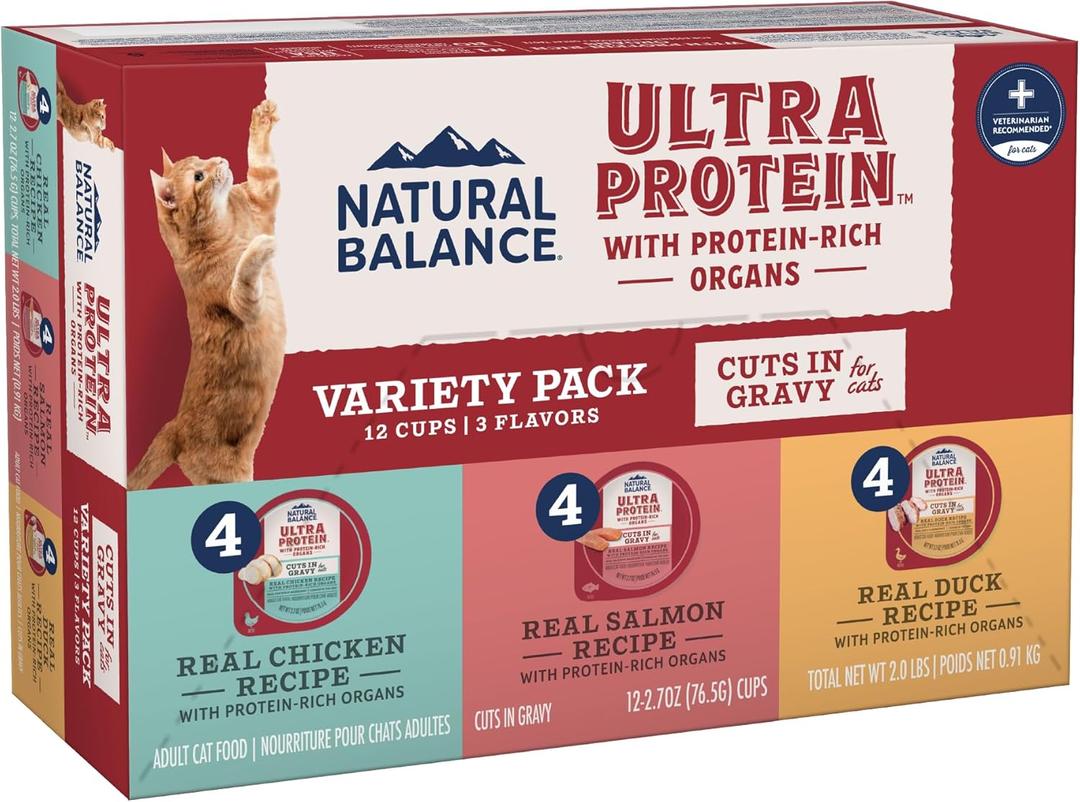 Natural Balance Ultra Protein Wet Cat Food Cuts in Gravy, Variety Pack with Protein-Rich Organs for Cats, Organ Cat Food with High Protein - 2.7oz. Case of 12 BBD: 06-2-27