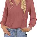 dowerme Womens Tops 2026 Spring V Neck T-Shirts Long Sleeve Shirts Lace Crochet Work Blouses Dressy Casual Loose Tunics (M)
