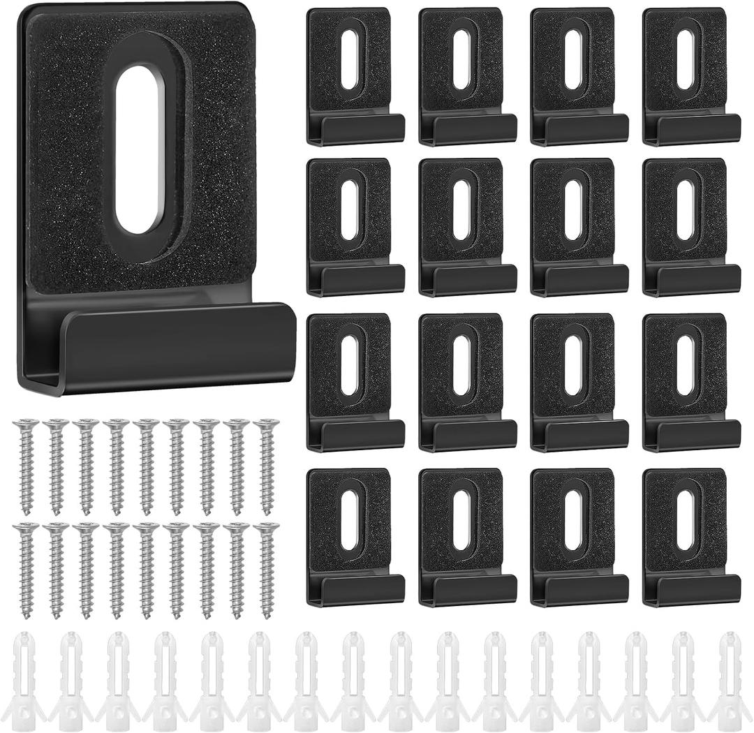 16pcs Metal Mirror Holder Kit, J Type Hanger Clip Kit with Screws Rubber Pads Hooks Heavy Duty Mirror Hanger Hardware for Frameless Mounting Wall Tile Billboard Display (Black)