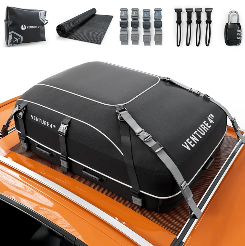 VENTURE 4TH Rooftop Cargo Carrier - 21 Cubic Feet Waterproof Car Roof Cargo Bag with Tie-Down & Compression Straps, Fits Most Vehicles with or Without Roof Racks, Sidebars & Crossbars