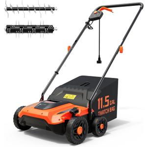 TIECTOWN 14-Inch 13.5 Amp 2-in-1 Electric Dethatcher and Scarifier with 11.5-Gallon Collection Bag, Lawn Dethatcher with 5-Position Depth Adjustment, Blade Replacement Without Tool - Orange
