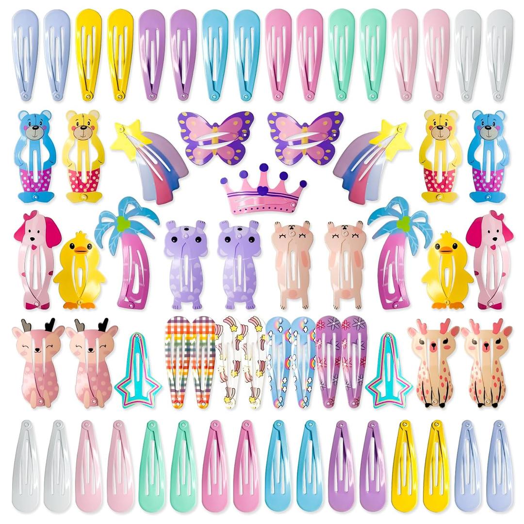 Cocplok Exclusive Non-Slip Metal Hair Clips Set for Girls - 65 Pieces for Kids, Teens Women, Adorable Candy-Colored Cartoon Designs Featuring Animals, Butterflies, Crowns & Stars