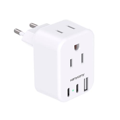European Travel Plug Adapter USB C, HANYCONY International Plug Adapter, US to Europe Adapter Plug 2 Outlets 3 USB Ports(2 C Port), Type C Power Adapter to Italy Spain France Portugal Iceland Germany