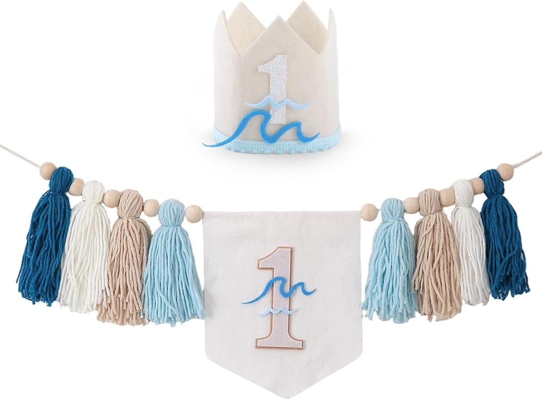 Big One Surf Highchair Banner - 1st Birthday Decoration Set | High Chair Banner & Crown Hat | Wave Theme First Birthday Party | Beach Ocean Summer Celebration Decor (One Surf Highchair Banner)