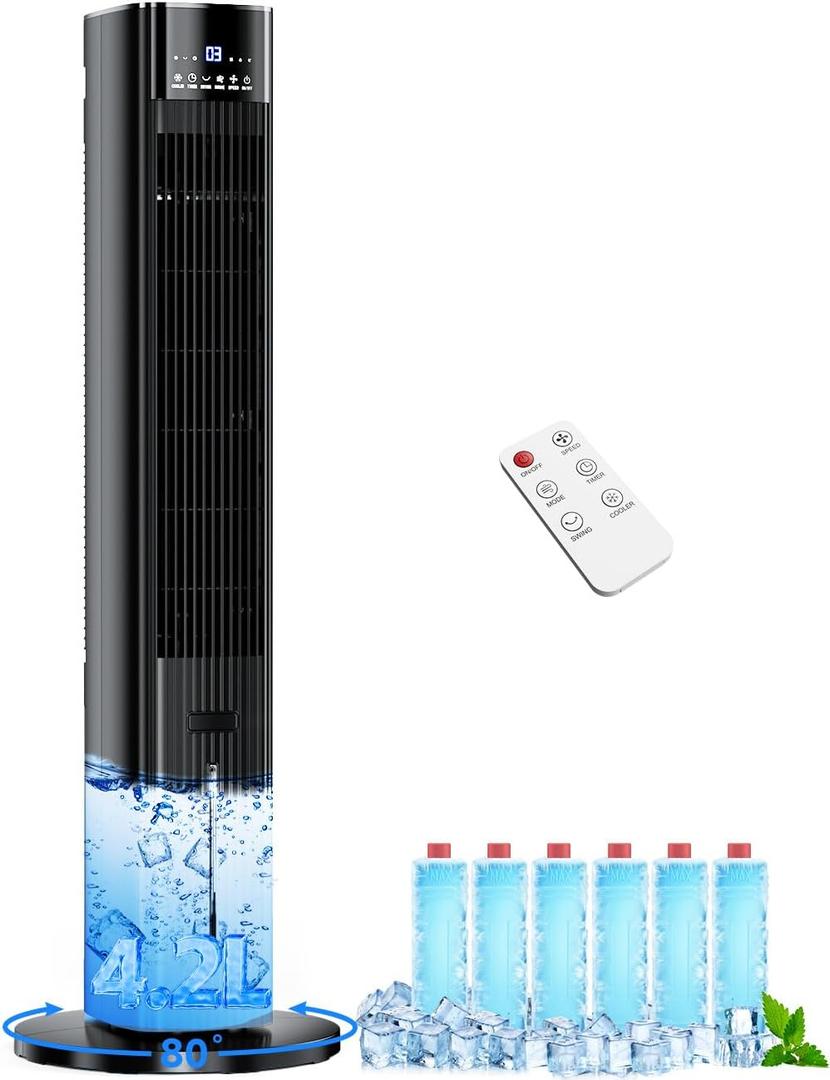 42 INCH Swamp Cooler Air Conditioner w/4 Mode &3 Speed, Aroma&Memory Function, 15H Timer Portable Air Conditioners No Windows Needed, 6 Ice Packs, 1.1-Gal Dual Tank Evaporative Cooler for Room