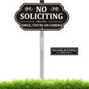 Heavy-Duty Metal No Soliciting Sign for House, 14" X 7" Aluminum No Soliciting Yard Sign with Stake for Home, You're on Camera Outdoor, Weather-Resistant, Non-Fading (WHITE AND BLACK)