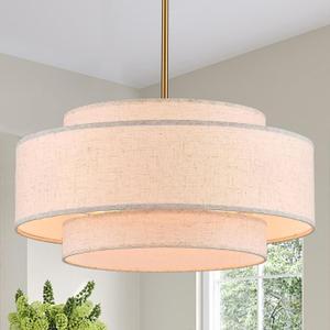 Modern Drum Chandelier Vintage Modern Chandelier Light Fixture with Linen Shade Golden Farmhouse Drum Chandeliers for Dining Room, Kitchen Island, Living Room, Bedroom, 19.7in