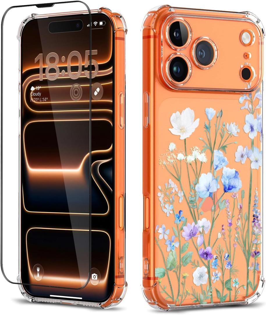 for iPhone 17 Pro Case with Screen Protector [Full Camera Protection] Flower Pattern Design,Clear Soft Shockproof Floral Phone Cover for Women Girls 2025 6.3"(Oriental Lily)