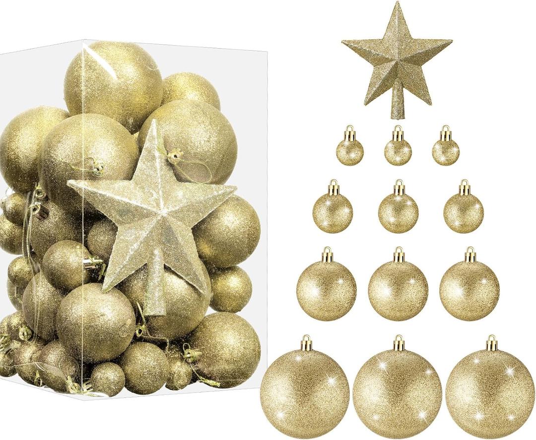 Outus 61 Pcs Glitter Christmas Ball Tree Ornament Set Shatterproof Hanging Ornaments Ball Bulk Plastic Xmas Tree Star Topper for Holiday Wedding Birthday Party Decorations(Gold)