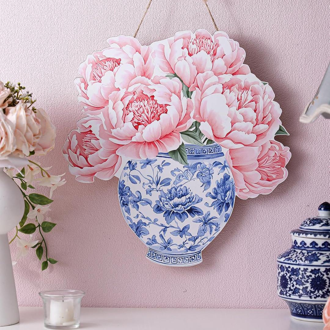 AceOrbit Peonies Flower Wall Art Decor 13.8 Inch Pink Flower Wall Decor Blue and White Chinoiserie Porcelain Wooden Hanging Sign Peonies for Front Door Indoor Outdoor Farmhouse Home Porch, 13.4"L x 13"W