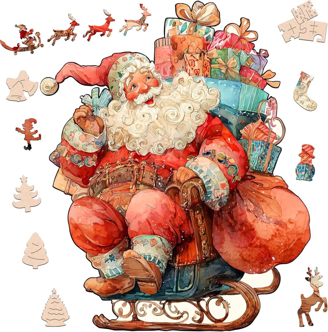 Bovearto Christmas Puzzle, Santa Claus Wooden Puzzles for Adults, Xmas Wood Puzzle Adult Unique Shaped Wooden Brain Teaser Puzzle for Kids for Grandkids 202 Pieces(9.4"*12.6") (Small)