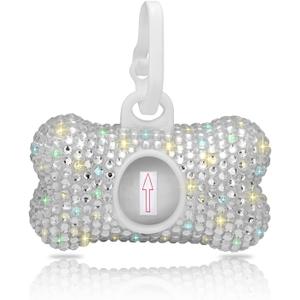SAVORI Dog Poop Bag Holder Bling Crystal Dog Waste Bags Dispenser for Pet Dog Doggy with Carabiner Clip Includes 1 Roll 15 Bags (White)