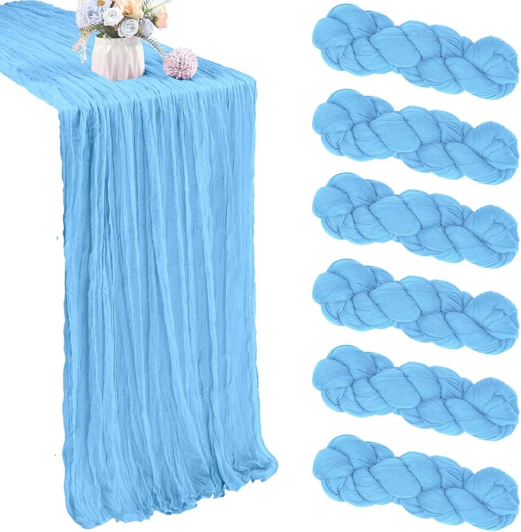 6 Pack Baby Blue Cheesecloth Table Runner 35x120 Inch Gauze Rustic Boho Table Runner 10FT Cheese Cloth for Spring Wedding Decor Birthday Party Bridal Baby Shower Table Decoration