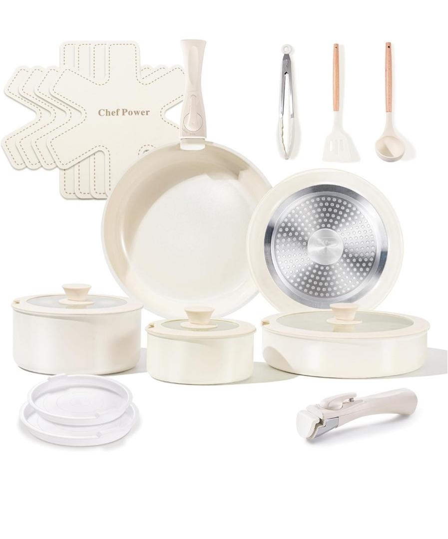 Chef Power Ceramic Cookware Set Non Toxic with Detachable Handles, Healthy Nonstick Pans and Pots Set 19 Pcs, Induction Dishwasher Oven Safe Kitchen Set, PFAS PFOA & PTFE Free, Cream White
