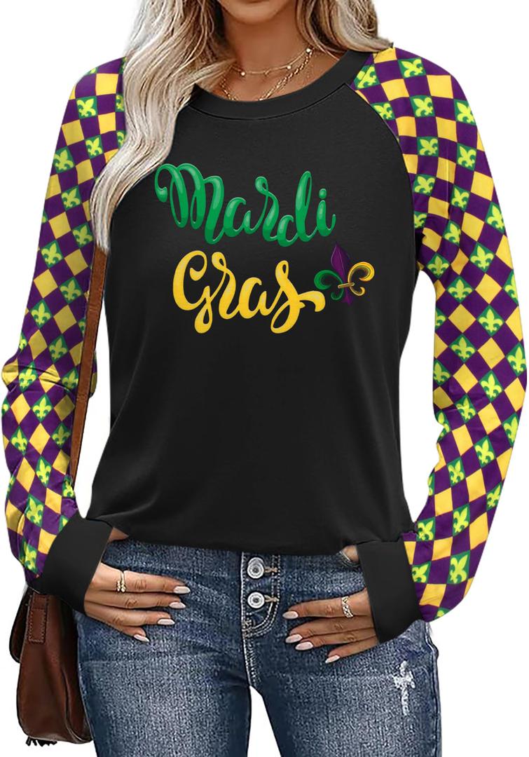 Mardi Gras Shirts for Women: Tuesday Long Sleeve Tshirt Carnival Graphic Tees Tops Funny Holiday Parade Outfits Black B