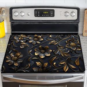 NYZE Stove Cover for Electric and Glass Stove Tops 3-in-1 Stove Mat, Heat Resistant Counter Protector Mat, Non-Slip Surface & Drying Rack (Black Flowers, 28.5"Lx20.5"W)