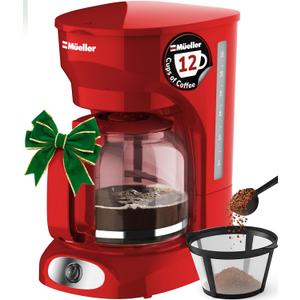 MUELLER HOME 12-Cup Red Coffee Maker - Perfect for Home or Office, Borosilicate Carafe, Auto-Off, Reusable Filter, Anti-Drip, Keep-Warm Function, Clear Water Level Window, Red Kitchen Accessories