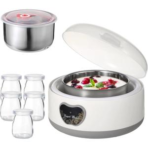 15W Yogurt Maker Machine, 1.2 L Automatic Stainless Steel Yogurt Maker with 5 Tight Seal Glass Jars, Auto Constant Temperature, PTC Heating, Home Yogurt Machine, Healthy Present