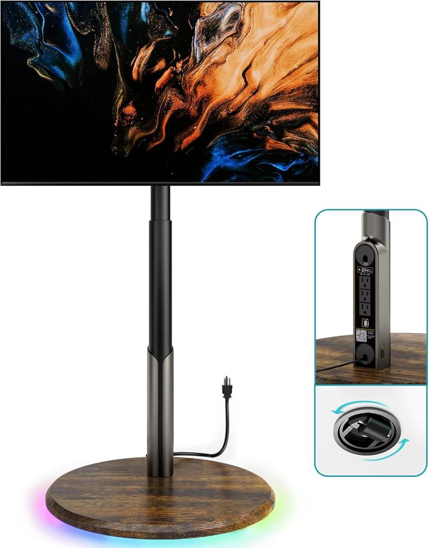 Mobile TV Stand with Power Outlet, Rolling TV Cart for 27-70 Inch OLED LED Monitors, 6 Levels of Height Adjustment, Ambient RGB Lighting on The Bottom Wheels Holds up to 88lbs