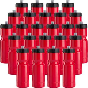 50 Strong Bulk Water Bottles | 24 Pack Sports Bottle | 22 oz. BPA-Free Easy Open with Pull Top Cap | Made in USA | Reusable Plastic Water Bottles for Adults & Kids | Top Rack Dishwasher Safe (Red)