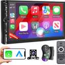 Upgrade Wireless 7 inch Double Din Car Stereo Apple Carplay & Android Auto, Bluetooth 5.0 car Stereo with 8-LED Waterproof Backup Camera, IPS Touchscreen, TF Card Slot, USB, AUX