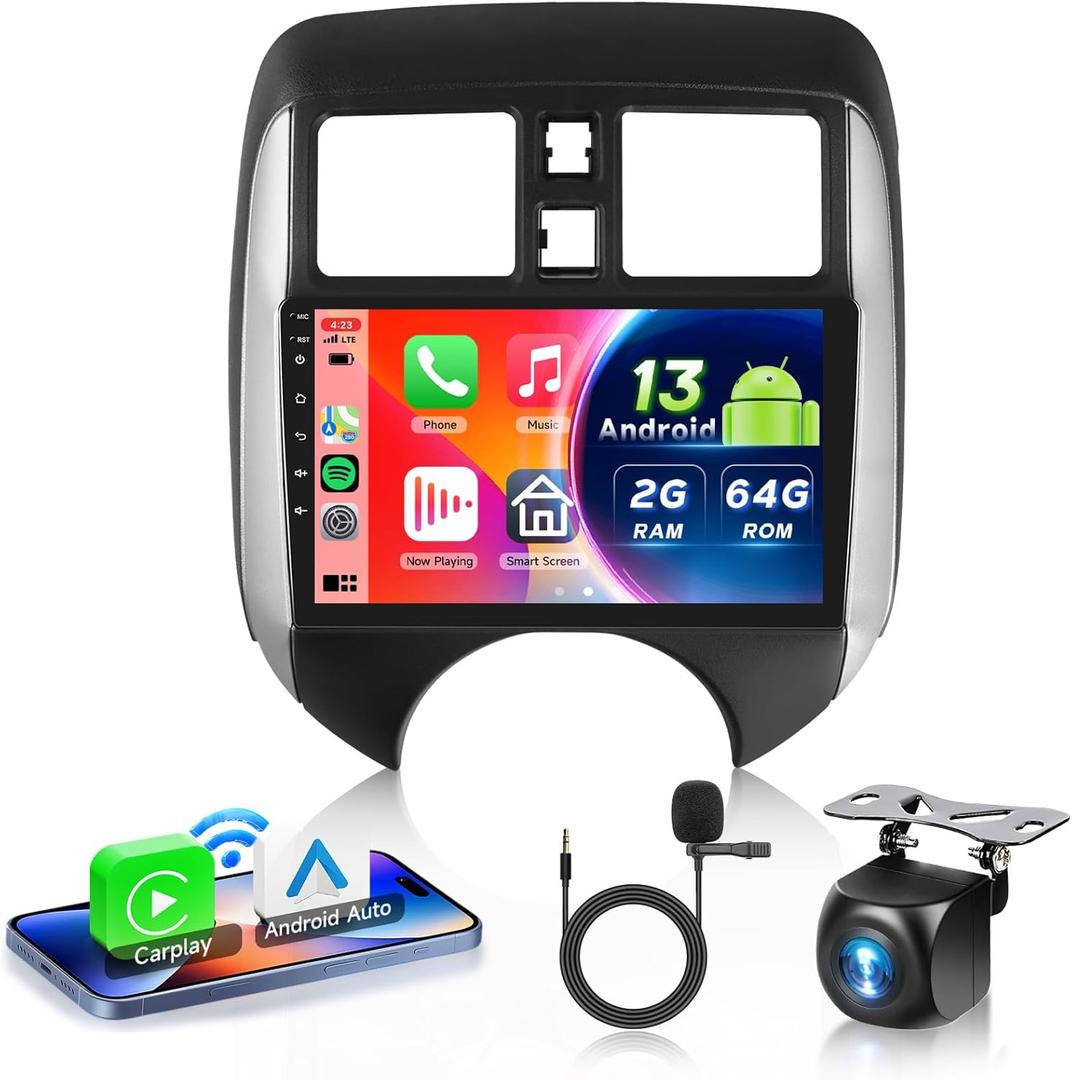 2G+64G Car Radio for Nissan Versa Note 2014-2018 Android 13 Car Stereo with Wireless Carplay Android Auto, 9 Inch Touch Screen Stereo Support GPS/WiFi/Bluetooth/FM/SWC/Backup Camera