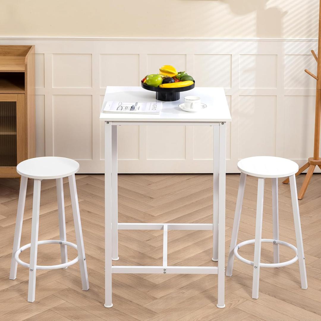 Finnhomy Bar Table Set, 23.6" Pub Table High Top Table, Square Bar Height Table, Bar Table with Stools, Kitchen Table Set for 2, Industrial Breakfast for Kitchen, Living Room, White