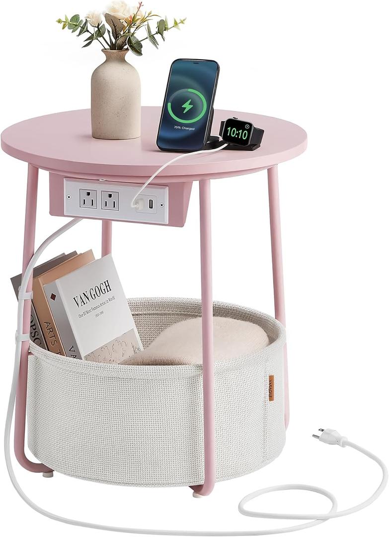 VASAGLE Side Table with Charging Station, Round End Table With Fabric Basket, Nightstand with Power Outlets USB Ports, for Living Room, Bedroom, Modern, Jelly Pink and Cream White ULET228R01 (Jelly Pink + Cream White)