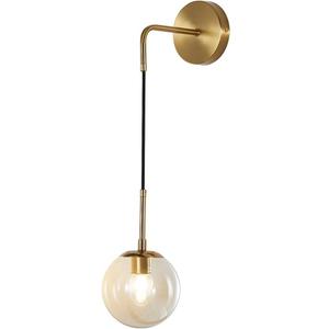 BOKT Mid Century Modern Globe Wall Sconce Lighting Brushed Brass Gold Amber Glass Round Wall Light Fixture Vintage Vanity Globe Bathroom Bar Wall Lamp (Gold+Amber)