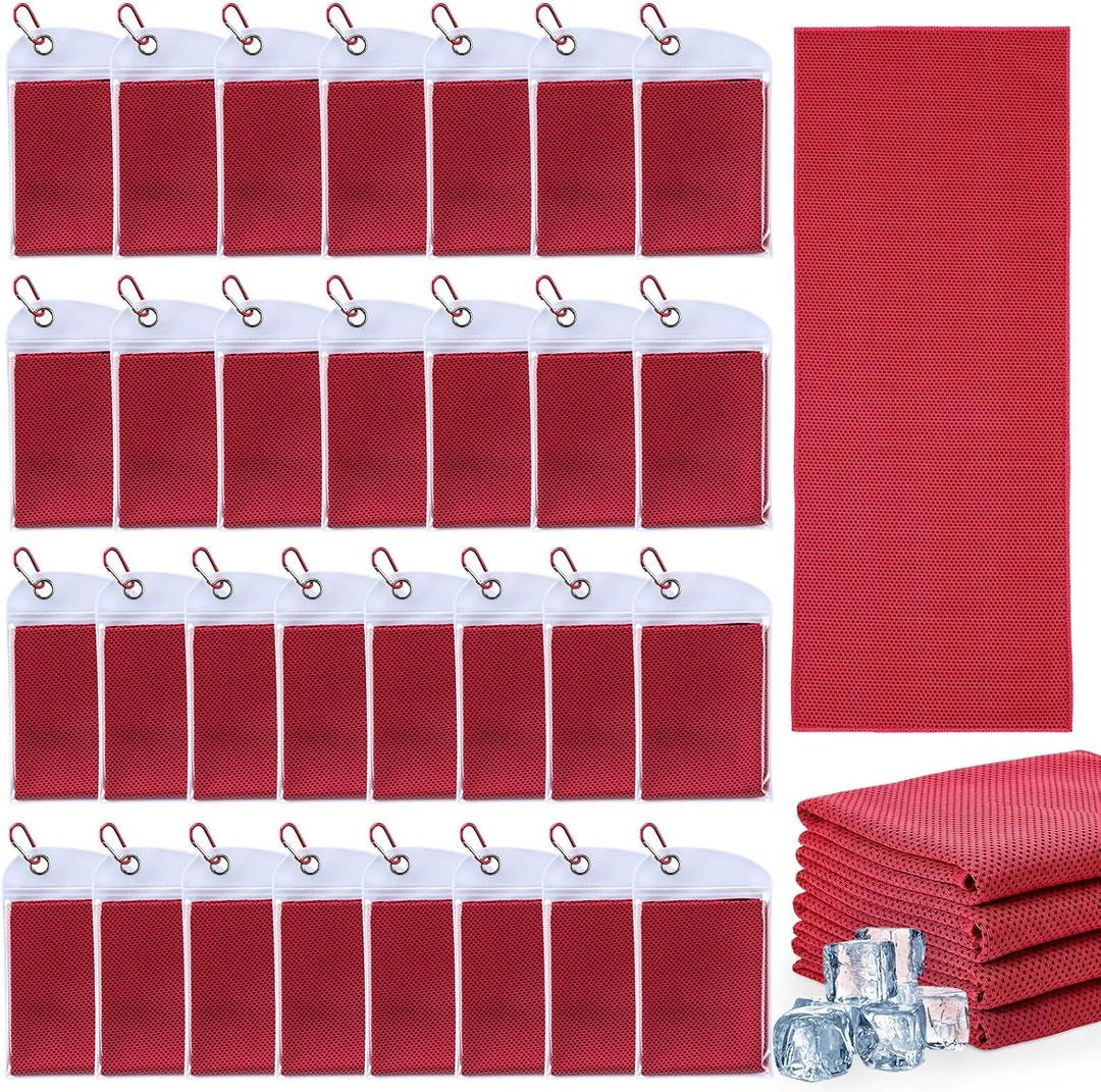 Honoson 30 Pack Cooling Towels 27"x16" Microfiber Neck Cooling Towel with Pouches, Reusable Sports Towel for Gym Running Golf Workout Outdoor Heat(Scarlet Red)