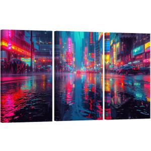 LSIUHWUWI 3Pcs Cool Gaming Wall Art Bustling City Rain-soaked Streets Posters Pictures Colorful Neon Canvas Painting Prints for Boys Room Kids Room Bedroom Home Decoration 20x40inch x3
