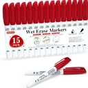 Shuttle Art Wet Erase Markers, 15 Pack Red 1mm Fine Tip Smudge-Free Markers, Use on Laminated Calendars, Overhead Projectors, Schedules, Whiteboards, Transparencies, Glass, Wipe with Water