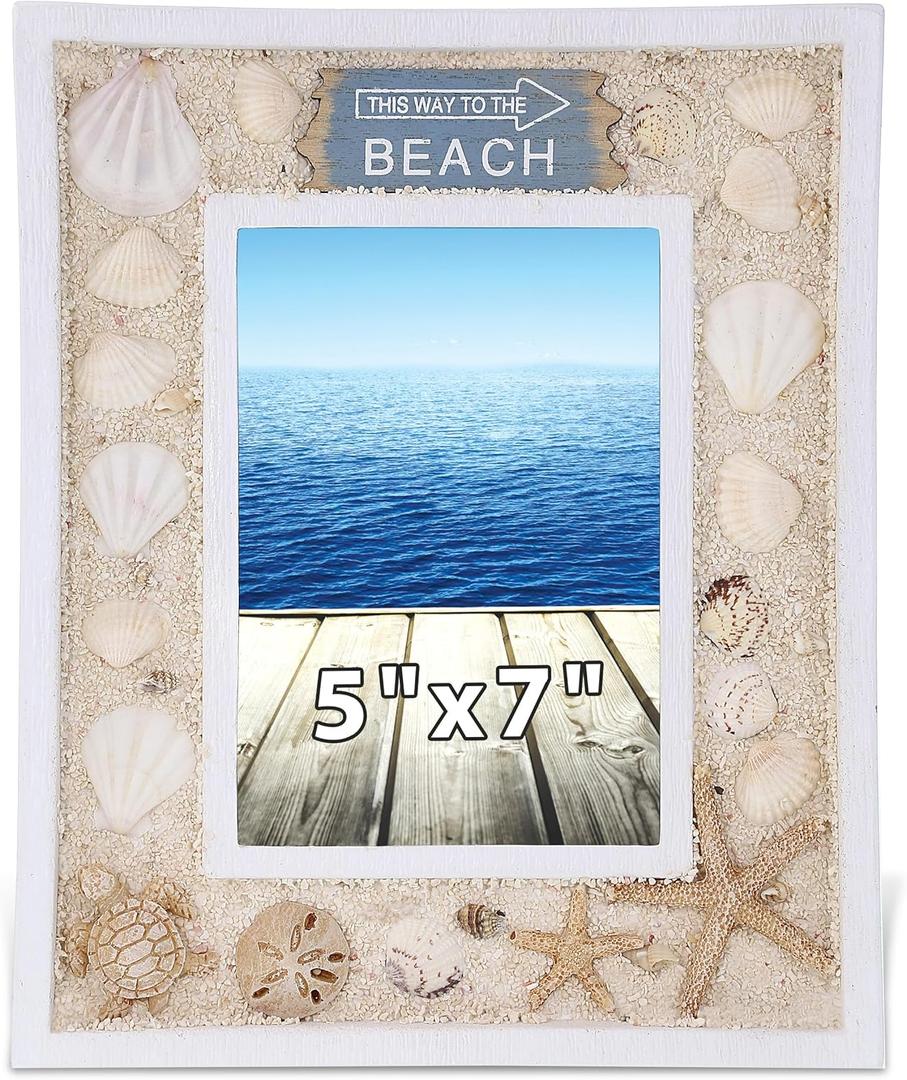 CoTa Global Oceanic Sea Turtle Photo Box Frame 5X7 Frame - White Wood Seashell Photo Frame for Summer Vacation Memory, Handmade Tropical Sand Nautical Picture Frame For Tabletop or Wall Hang - 11 Inch