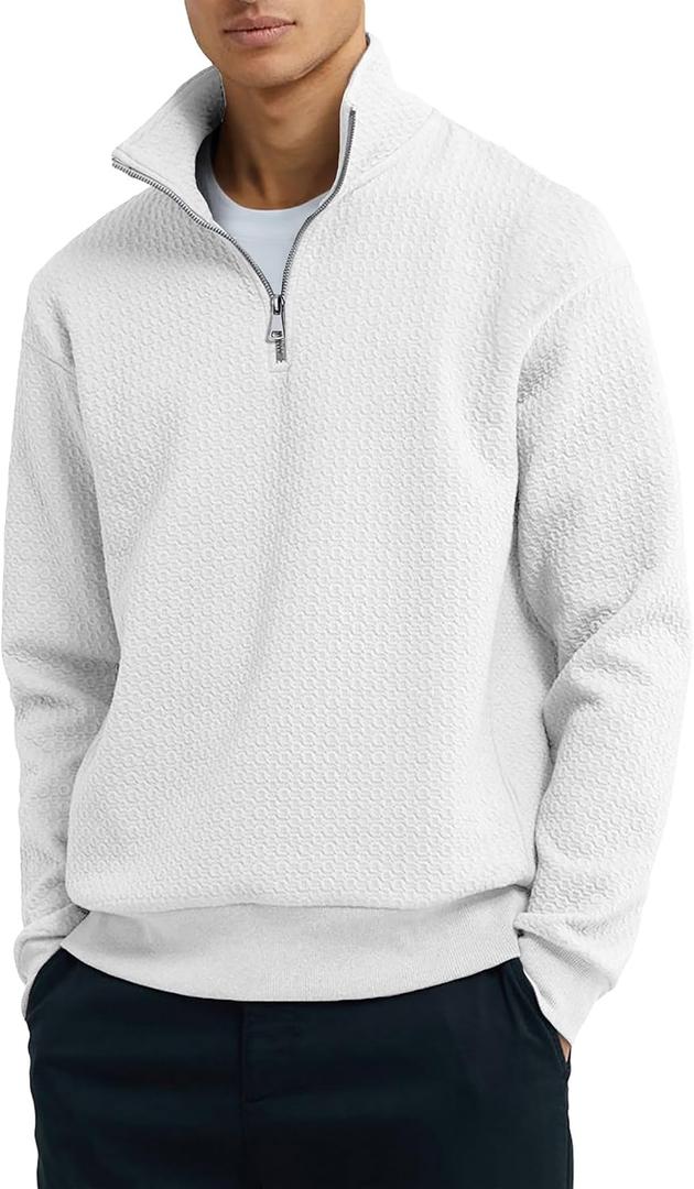 Dokotoo Men Men's Quarter Zip Sweatshirts Casual Long Sleeve Mock Neck Pullover Solid Textured Fall Clothes (White, XL)