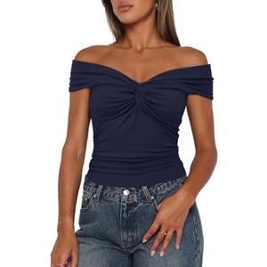 Darong Women Summer Twist Knot Front Off The Shoulder Tank Tops Cap Sleeve Going Out Shirts Slim Fitted Y2K Outfits, Medium