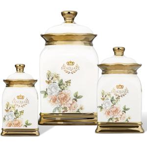 fanquare Floral Canisters with Gold Trim, Ceramic Decorative Countertop Jars, Farmhouse Porcelain Cookie Jar and Sugar Bowl Set with Airtight Lid